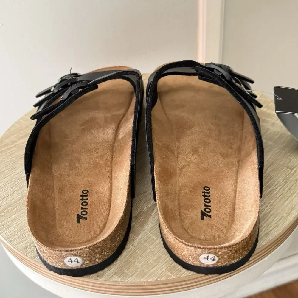 NWT Torotto Mens Slides with Cork Footbed Open Toe Flat Sandals,Black, Size 44